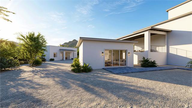 Front patio exterior rendering of the 25 by 12 studio casita with sliding glass door