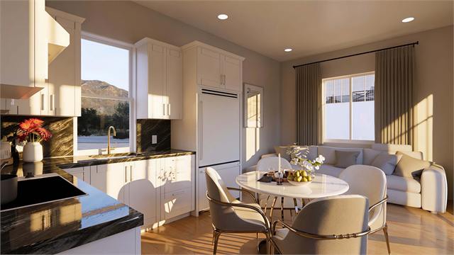 Kitchen dining and living area rendering for a 300 square foot studio casita in Arizona