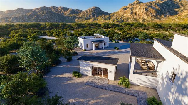 Aerial rendering showing the 300 square foot studio casita on an Arizona property near a main home