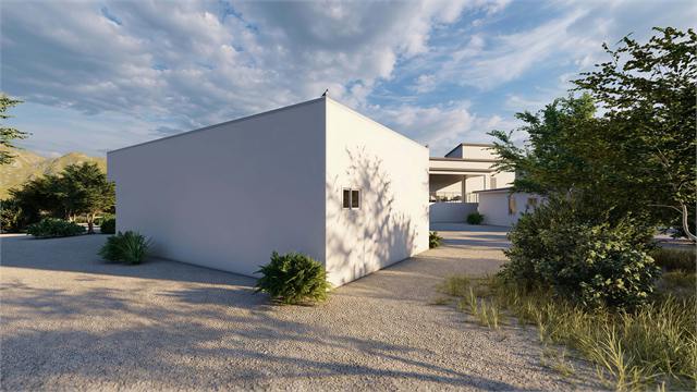 Rear side exterior rendering of a compact 300 square foot studio casita in an Arizona yard