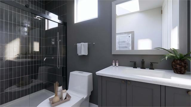 Bathroom shower and vanity rendering for the 25 by 16 one-bedroom casita