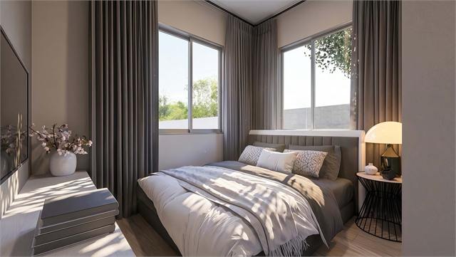 Bedroom rendering for the 25 by 16 one-bedroom casita floor plan