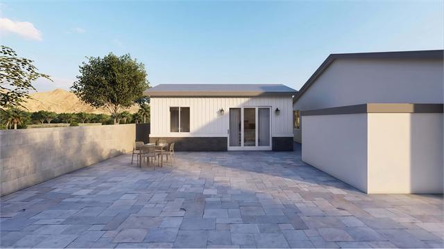 Courtyard exterior rendering of the 25 by 16 400 square foot casita