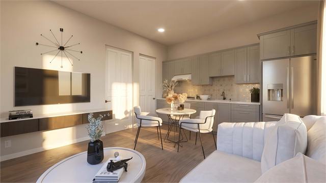 Living and kitchen rendering for the 25 by 16 compact Arizona casita