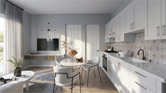 Open living and kitchen rendering for the 25 by 16 400 square foot casita floor plan