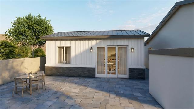 Patio exterior rendering of the 25 by 16 casita with sliding doors and board and batten siding