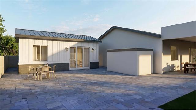 Wide courtyard exterior rendering for a compact 25 by 16 casita