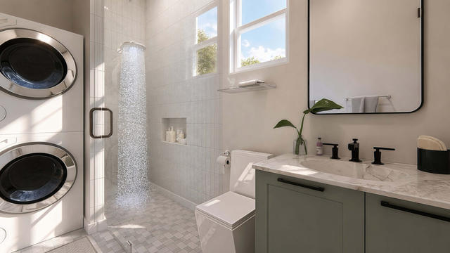 Bathroom view of the 400-square-foot, 25-by-16-foot one-bedroom casita with porch, showing shower and stacked laundry.