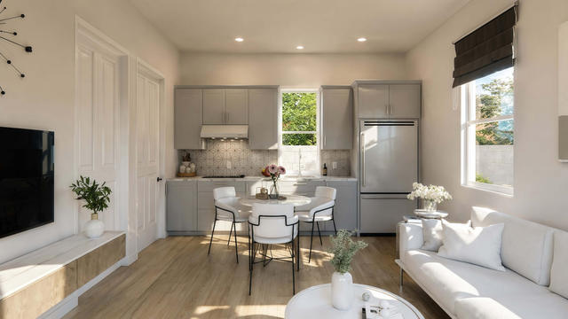 Living And Kitchen view of the 400-square-foot, 25-by-16-foot one-bedroom casita with porch, showing open living and dining.