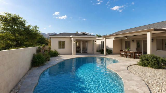 Pool Side view of the 400-square-foot, 25-by-16-foot one-bedroom casita with porch, showing porch-facing elevation.