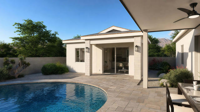 Porch Front view of the 400-square-foot, 25-by-16-foot one-bedroom casita with porch, showing covered porch and entry.