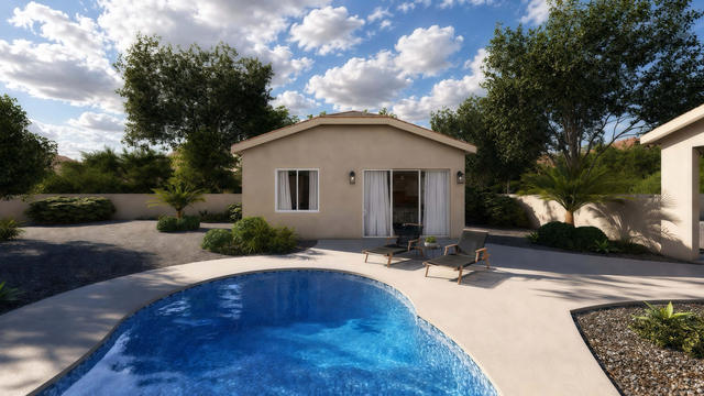 Front Entry view of the 500-square-foot, 25-by-20-foot one-bedroom casita, showing the primary entry and window composition.