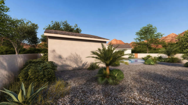Rear Patio view of the 500-square-foot, 25-by-20-foot one-bedroom casita, showing the rear elevation and outdoor connection.