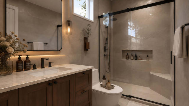 Bathroom view of the 700-square-foot, 25-by-28-foot one-bedroom casita with covered patio, showing the vanity and glass shower.