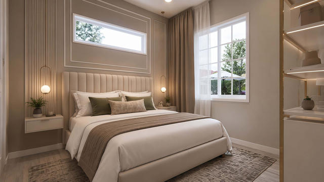 Bedroom view of the 700-square-foot, 25-by-28-foot one-bedroom casita with covered patio, showing the private bedroom and window placement.
