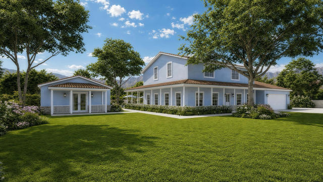 Garden Wide view of the 700-square-foot, 25-by-28-foot one-bedroom casita with covered patio, showing the detached building and landscaped yard.