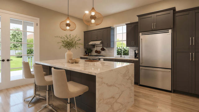 Kitchen view of the 700-square-foot, 25-by-28-foot one-bedroom casita with covered patio, showing the island, cabinetry, and garden connection.