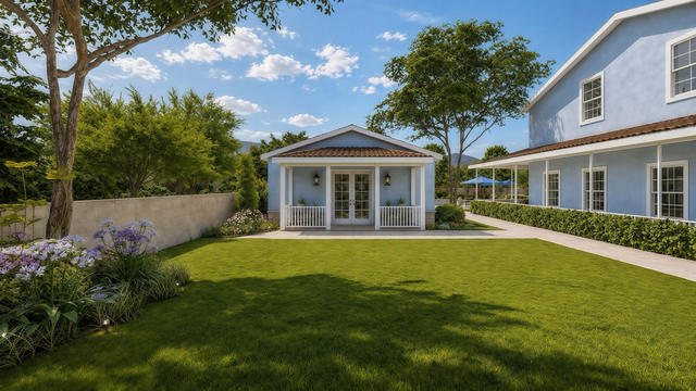 Porch Front view of the 700-square-foot, 25-by-28-foot one-bedroom casita with covered patio, showing the covered entry and cottage-style facade.
