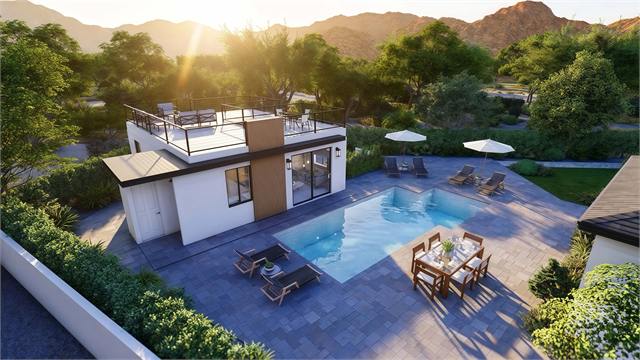 Aerial rooftop pool rendering of the 25 by 30 casita with rooftop deck