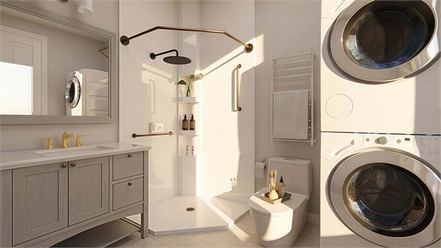 Bath and laundry rendering for the 25 by 30 two-bath casita