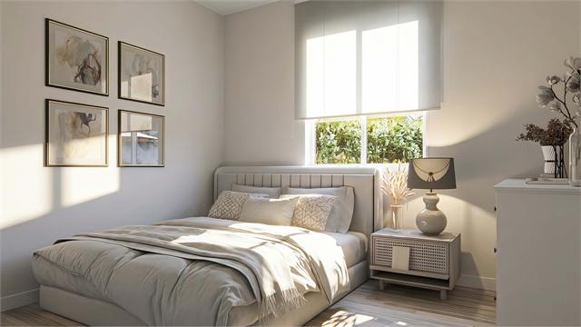 Bedroom rendering for the 25 by 30 two-bedroom casita floor plan