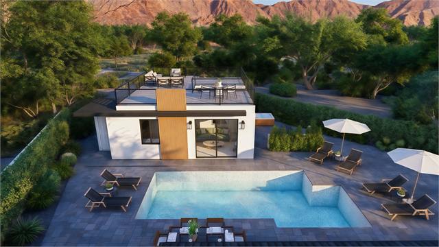 Garage exterior rendering with mountain views for the 25 by 30 casita property