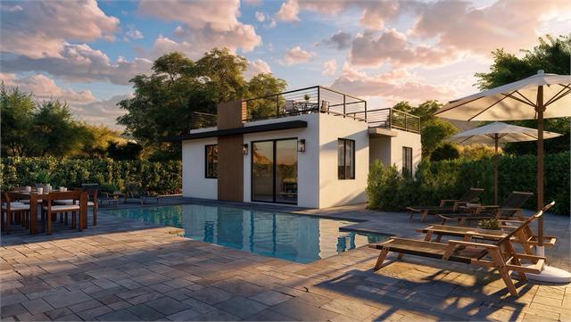 Poolside aerial rendering of the 25 by 30 casita with rooftop deck
