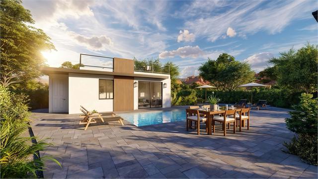 Sunset pool exterior rendering of the 25 by 30 rooftop deck casita