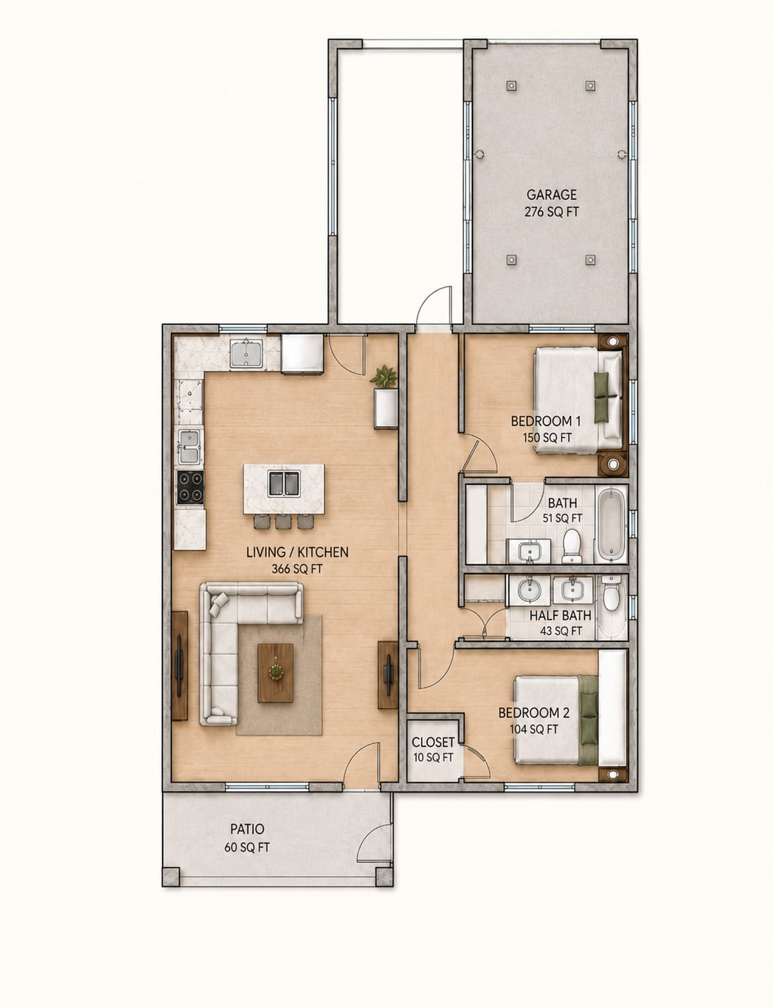 Realistic floor plan matching the approved 750-square-foot, 25-by-58-foot two-bedroom casita with covered patio and empty attached garage.