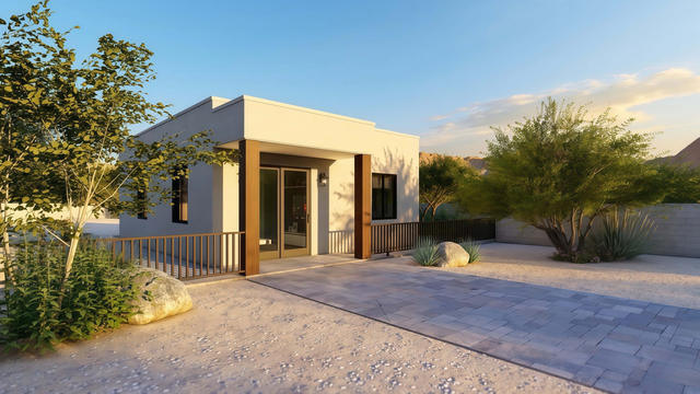 Front three-quarter rendering of the 25 by 58 casita showing the recessed entry, flat roof forms, stucco walls, and desert landscaping