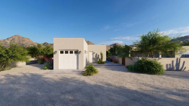 Exterior rendering of the attached single-car garage showing its overhead door, driveway connection, and flat parapet