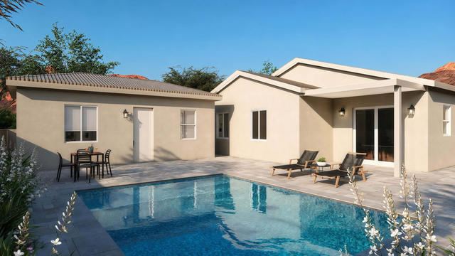 Front three-quarter rendering of a compact 27 by 15 foot casita across a pool