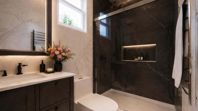 Bathroom view of the 405-square-foot, 27-by-15-foot one-bedroom courtyard casita, showing dark tile tub shower.
