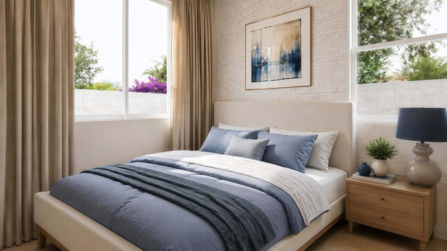 Bedroom view of the 405-square-foot, 27-by-15-foot one-bedroom courtyard casita, showing quiet windowed bedroom.