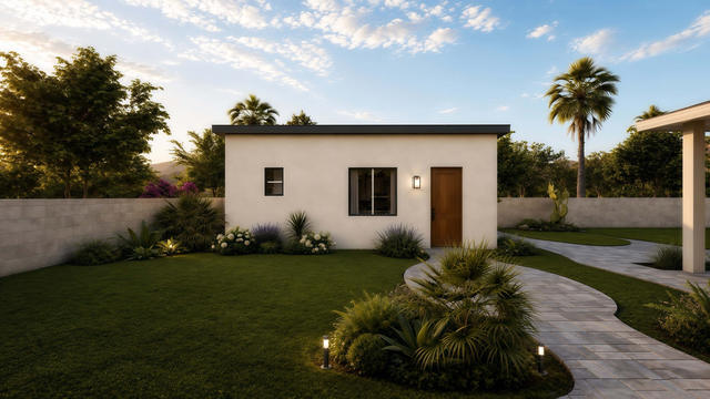 Courtyard Front view of the 405-square-foot, 27-by-15-foot one-bedroom courtyard casita, showing landscaped front courtyard.
