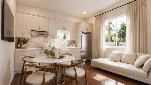 Living And Kitchen view of the 405-square-foot, 27-by-15-foot one-bedroom courtyard casita, showing open kitchen and dining.