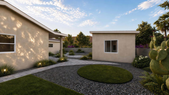 Rear Side view of the 405-square-foot, 27-by-15-foot one-bedroom courtyard casita, showing rear gravel courtyard.
