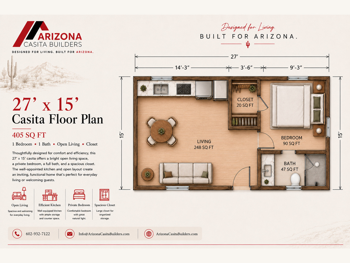 Detailed presentation floor plan for the 405-square-foot, 27-by-15-foot one-bedroom casita.