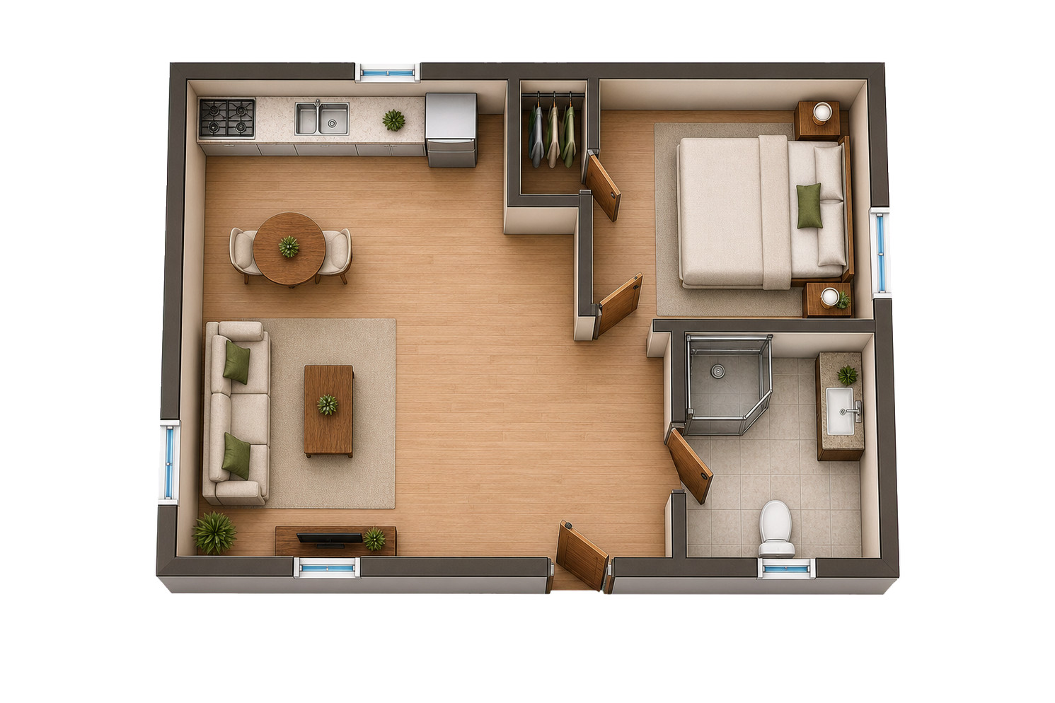 Realistic furnished floor plan showing the 405-square-foot, 27-by-15-foot one-bedroom casita.