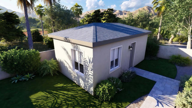 Front Three-Quarter view of the 405-square-foot, 27-by-15-foot one-bedroom casita, showing the stucco exterior, hipped roof, and front openings.