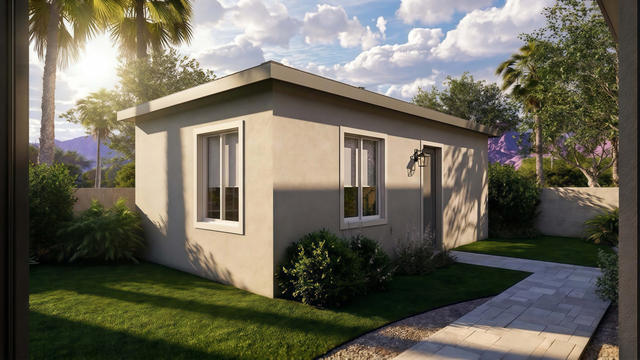 Garden Side view of the 405-square-foot, 27-by-15-foot one-bedroom casita, showing the side elevation and landscaped approach.