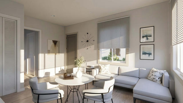 Living And Dining view of the 405-square-foot, 27-by-15-foot one-bedroom casita, showing the open living and dining arrangement.