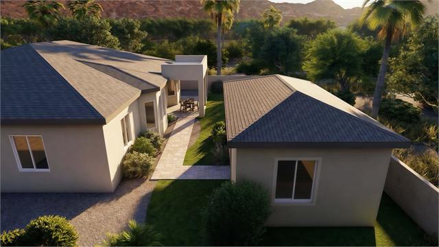 Aerial courtyard rendering of the 27 by 15 casita and main home