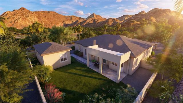 Backyard aerial rendering of the 27 by 15 casita beside the main home and Arizona mountains