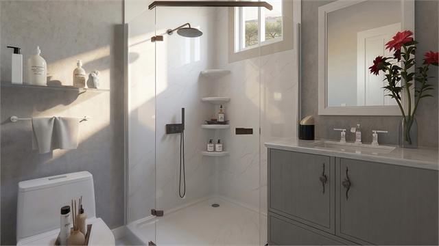 Bathroom shower and vanity rendering for the 27 by 15 casita floor plan