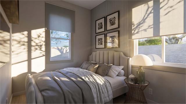 Bedroom rendering for the 27 by 15 one-bedroom casita
