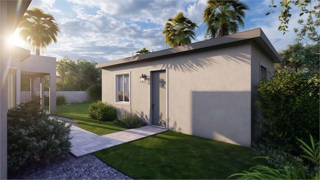 Courtyard exterior rendering of the 27 by 15 casita near the main home