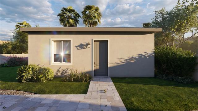 Front exterior rendering of the 27 by 15 one-bedroom casita