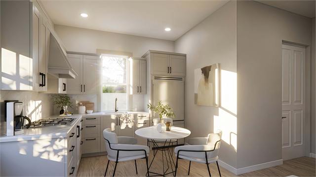 Kitchen and dining rendering for the 27 by 15 one-bedroom casita floor plan