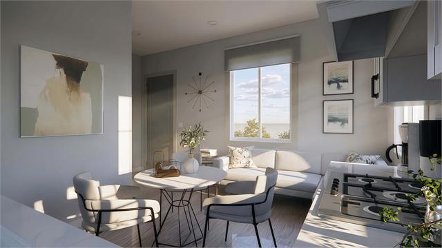 Living and kitchen rendering for the 27 by 15 compact Arizona casita
